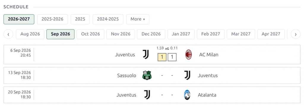The Schedule block - season pills, a row of month pills with Sep 2026 selected, and that month's games as slim cards, one finished with its score and two still to play