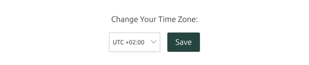 The Change Your Time Zone dialog - a dropdown of UTC offsets beside a Save button, opened from the clock control the shortcode places on the page