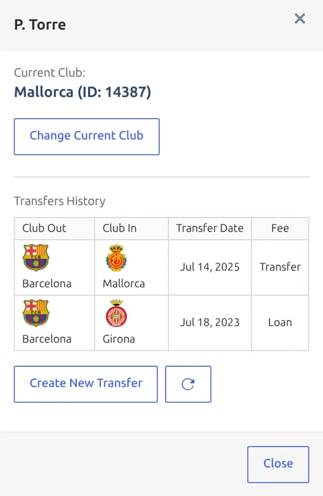 The player Actions panel on a club's squad - the player's current club, a Change Current Club button, the Transfers History listing club out, club in, transfer date and fee for each move, and the Create New Transfer button with a reload button beside it