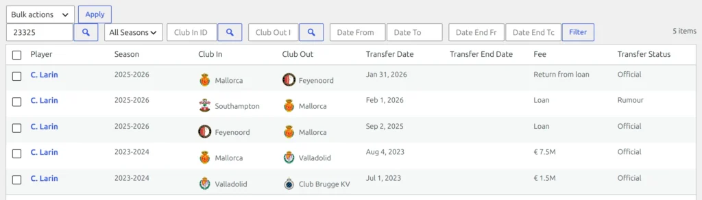 Clubs and People, Transfers list - the filter row with Player ID, All Seasons, Club In ID, Club Out ID and the four date boxes, and rows showing player, season, club in and club out with logos, transfer date, fee and an Official or Rumour status