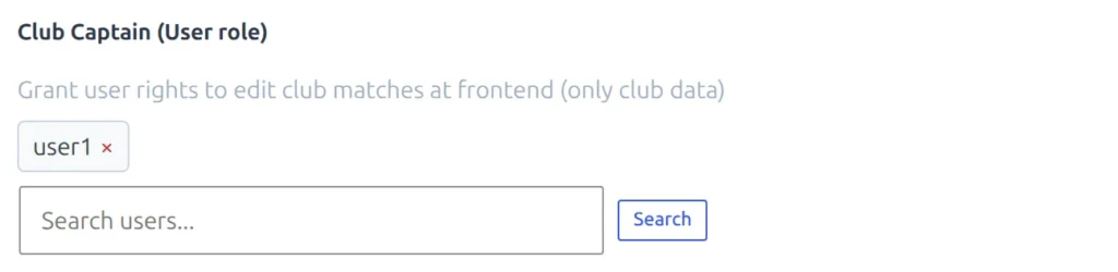 Premium Options tab of the club editor showing the Club Captain (User role) field with one assigned user and the user search box