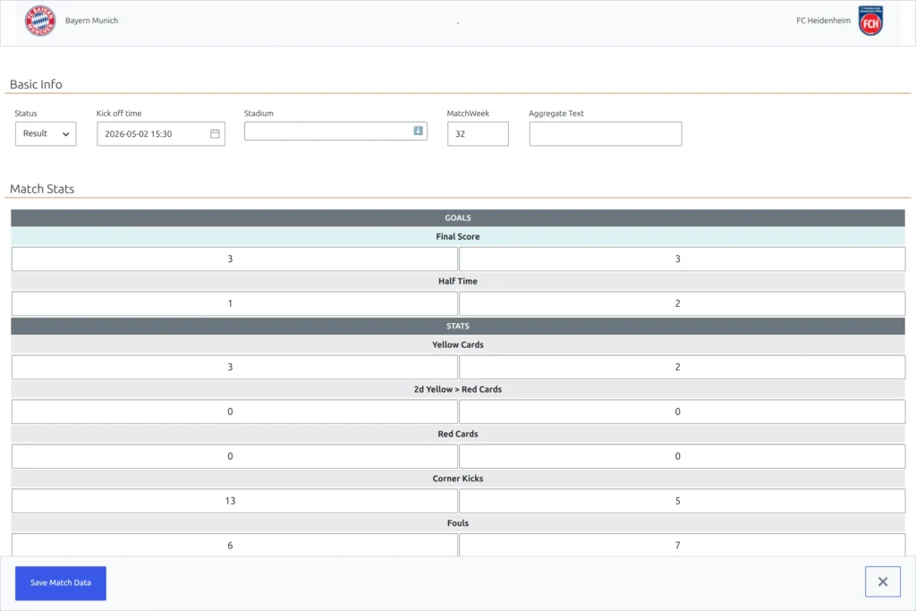 The full-screen front-end match editor as an administrator sees it - both clubs in the sticky header, a row of Basic Info fields, and a Match Stats table whose every row carries two input boxes, one per club