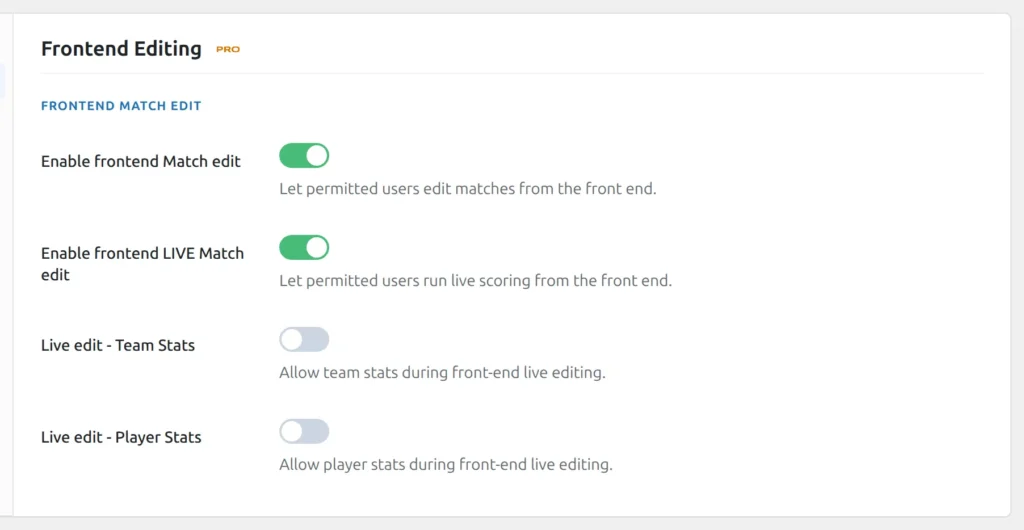 Frontend Editing tab of the Football Leagues settings page with the four toggles: frontend Match edit, frontend LIVE Match edit, Live edit Team Stats and Live edit Player Stats