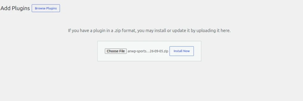 WordPress Add Plugins page with Upload Plugin button, Choose File, and Install Now