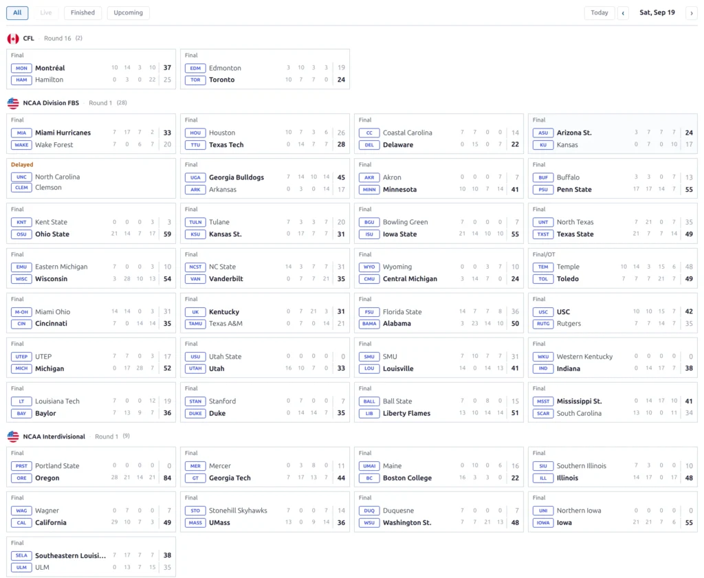 one Saturday on the American Football hub - 28 Division FBS games, 9 interdivisional and the CFL, each with its quarter-by-quarter line score