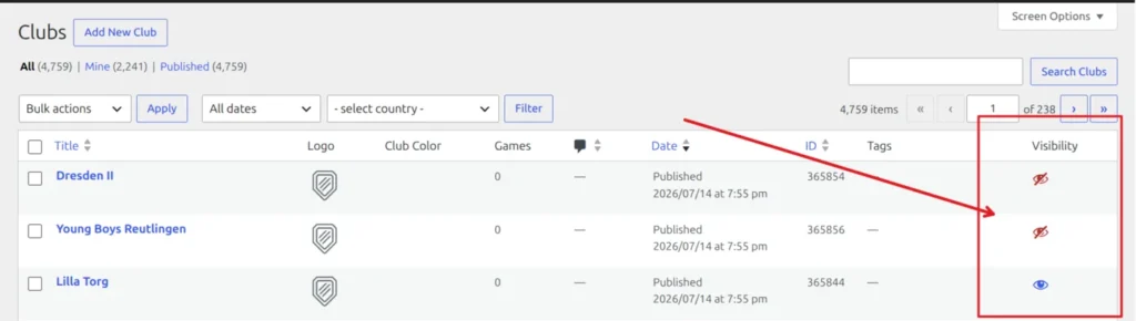 The Visibility column on the Clubs list, with open blue eyes on visible clubs and red crossed-out eyes on hidden ones