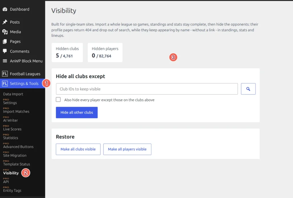 The Visibility page with a club picked to stay public, a checkbox to hide the other clubs' players, and hidden-out-of-total counters