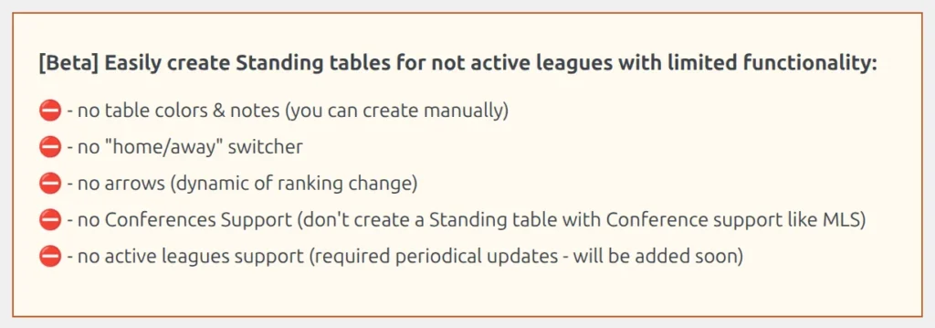 The orange Beta notice at the top of the Missing Standings tab, listing five limits: no table colors and notes, no home/away switcher, no arrows, no Conferences Support and no active leagues support
