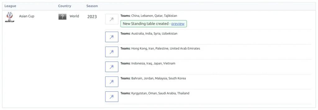 The Asian Cup 2023 row with six groups, each with a wand button and its four teams. The first group's button is grayed out and a green message under it reads New Standing table created - preview