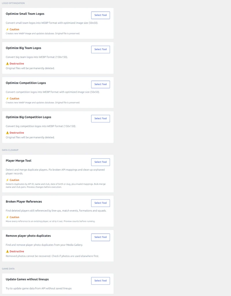 The Toolkit tab with eight tool cards in three groups - Logo Optimization with four logo tools, Data Cleanup with Player Merge Tool, Broken Player References and Remove player photo duplicates, and Game Data with Update Games without lineups - each with a Select Tool button and a Caution or Destructive label