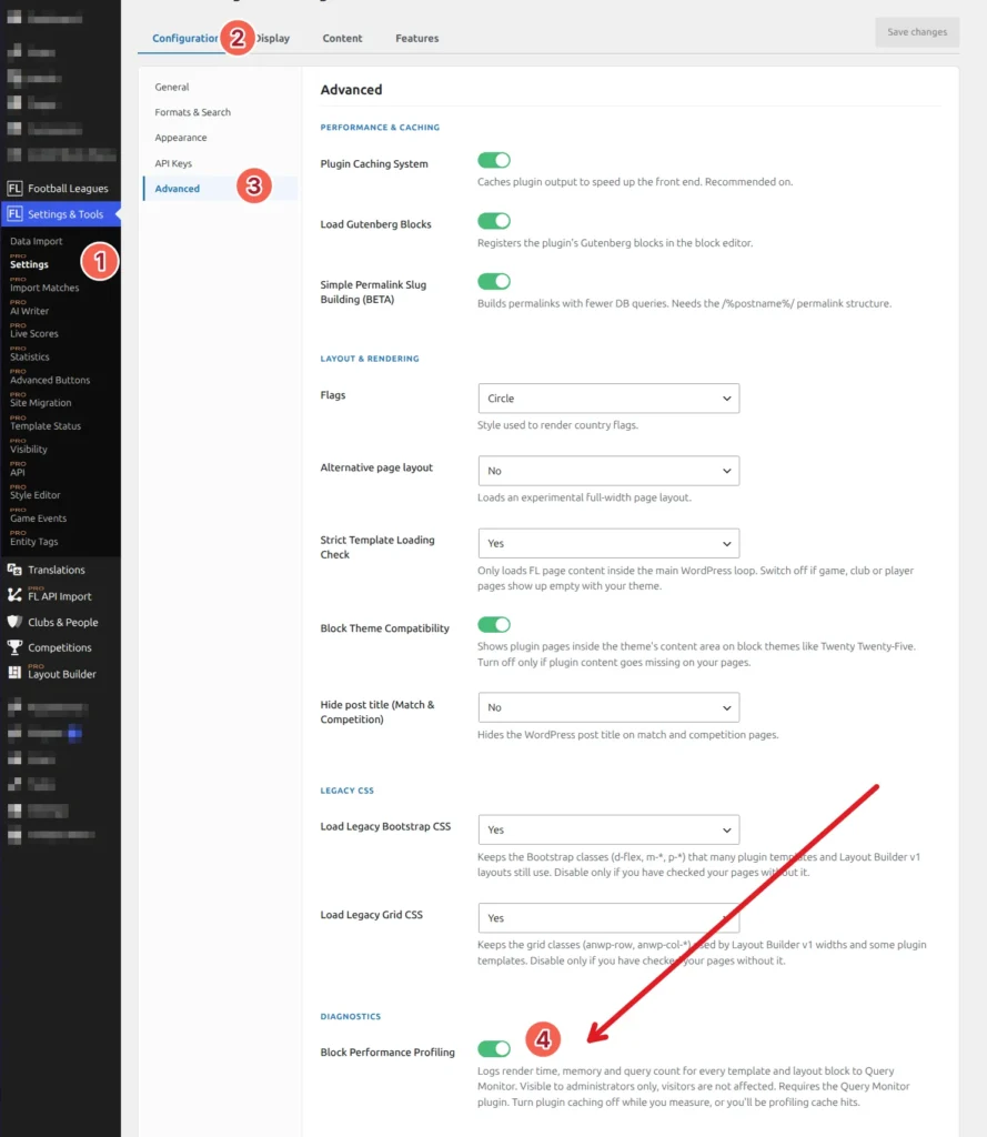 Football Leagues settings with numbered steps: Settings, the Configuration tab, Advanced, and the Block Performance Profiling toggle switched on in the Diagnostics section
