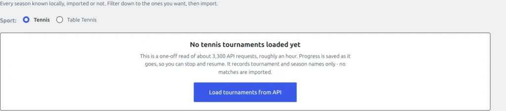 Import page before the first catalog load: No tennis tournaments loaded yet, the request cost note, and the Load tournaments from API button
