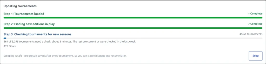 Updating tournaments panel in step 3, with the line saying how many tournaments need a check and about how long it will take
