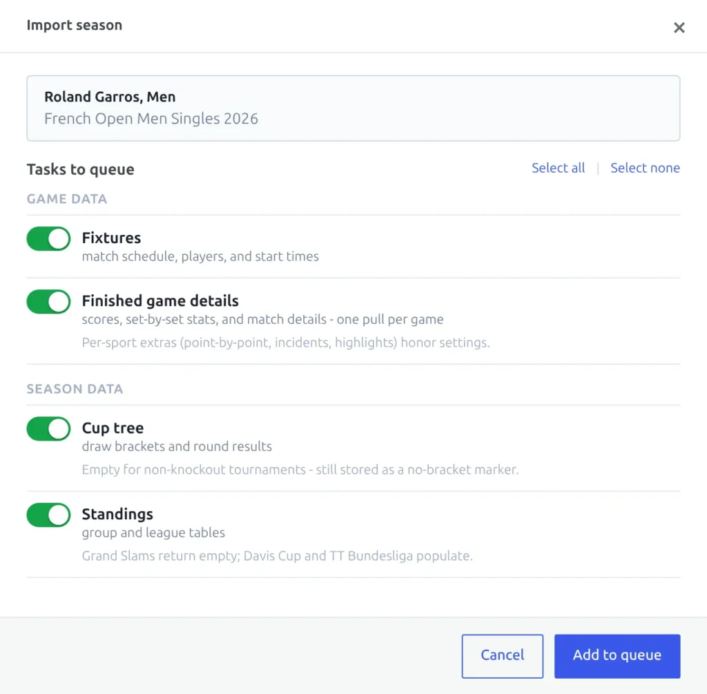 Import season dialog with the Fixtures, Finished game details, Cup tree and Standings tasks and the Add to queue button