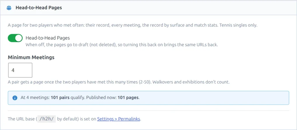 The Head-to-Head Pages card: the on/off switch, the Minimum Meetings field and the line that says how many pairs qualify and how many pages are published