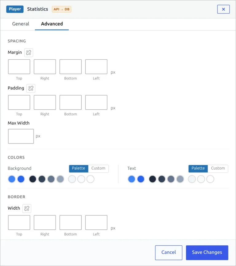 The Advanced tab of a block's settings: margin and padding fields for each side, Max Width, background and text color swatches, and border width