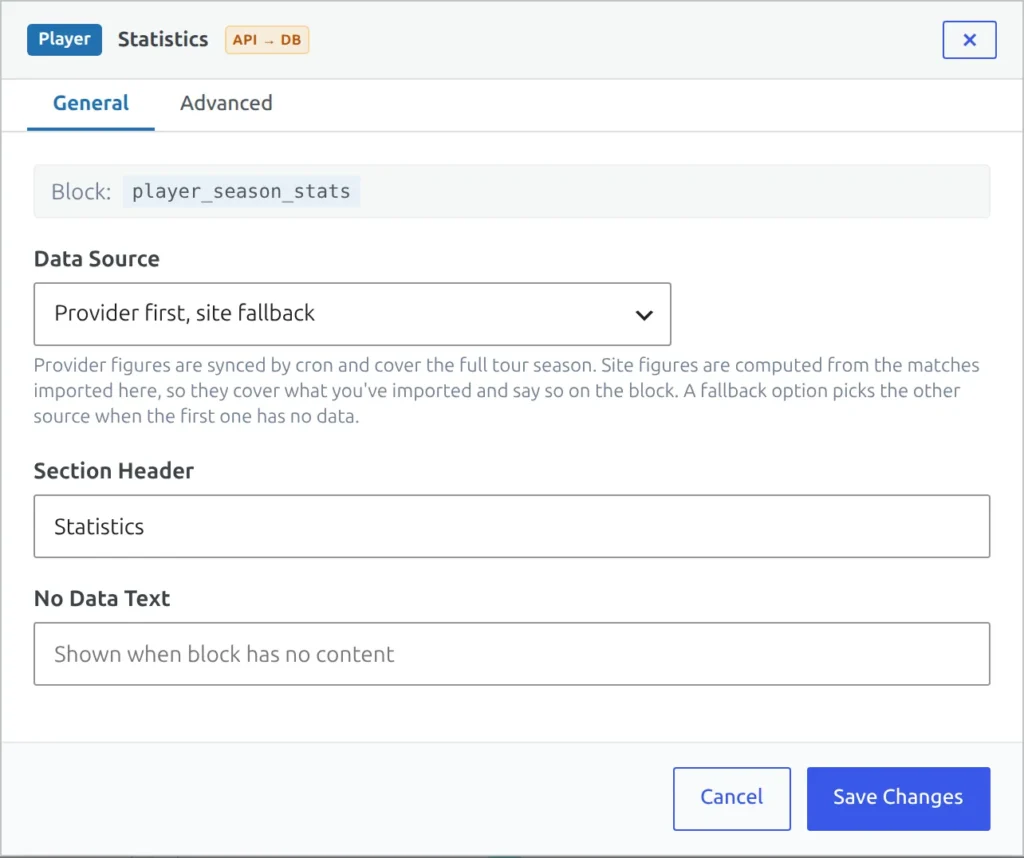 The General tab for the player Statistics block: Data Source set to Provider first, site fallback, Section Header Statistics, and an empty No Data Text field