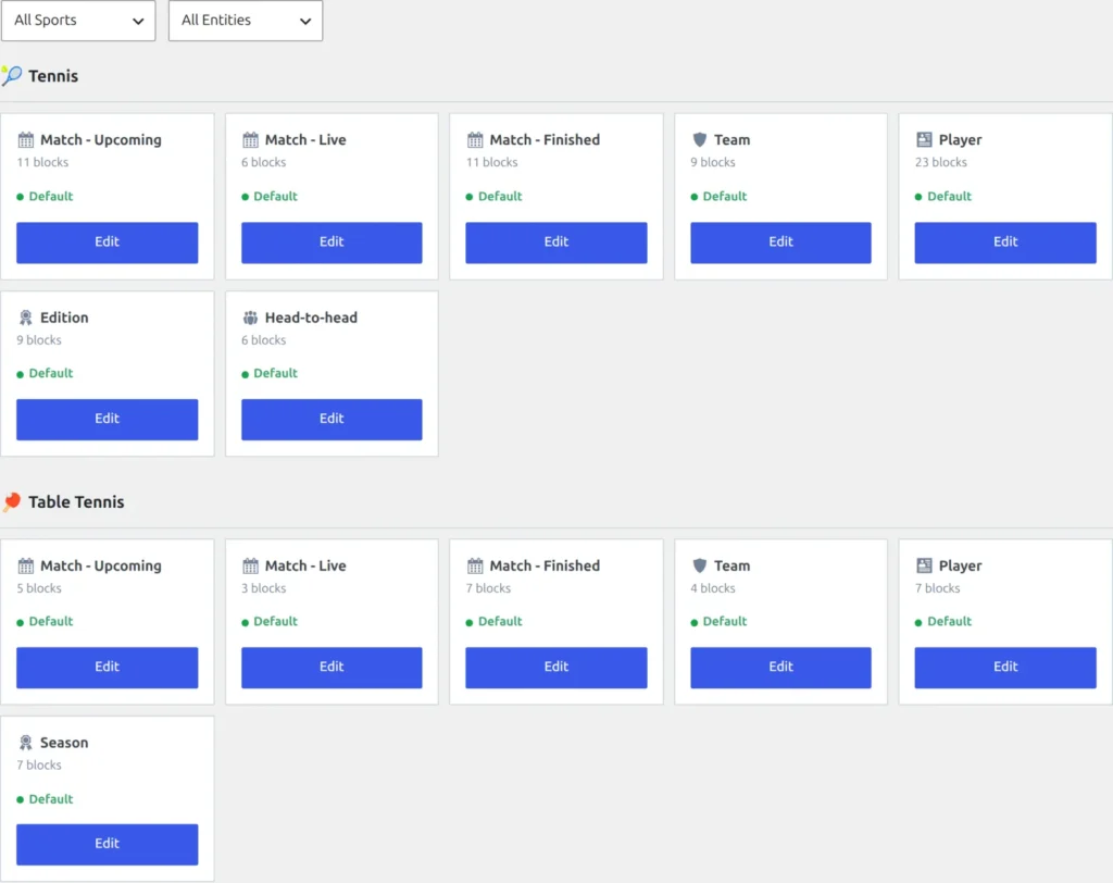 The Layout Builder list: seven tennis layouts and six table tennis layouts, each card showing its block count, a Default badge and an Edit button