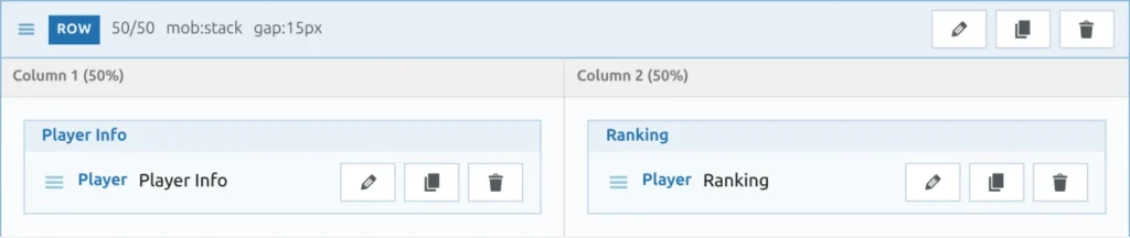 A Row in the editor with two 50% columns, Player Info in the first and Ranking in the second