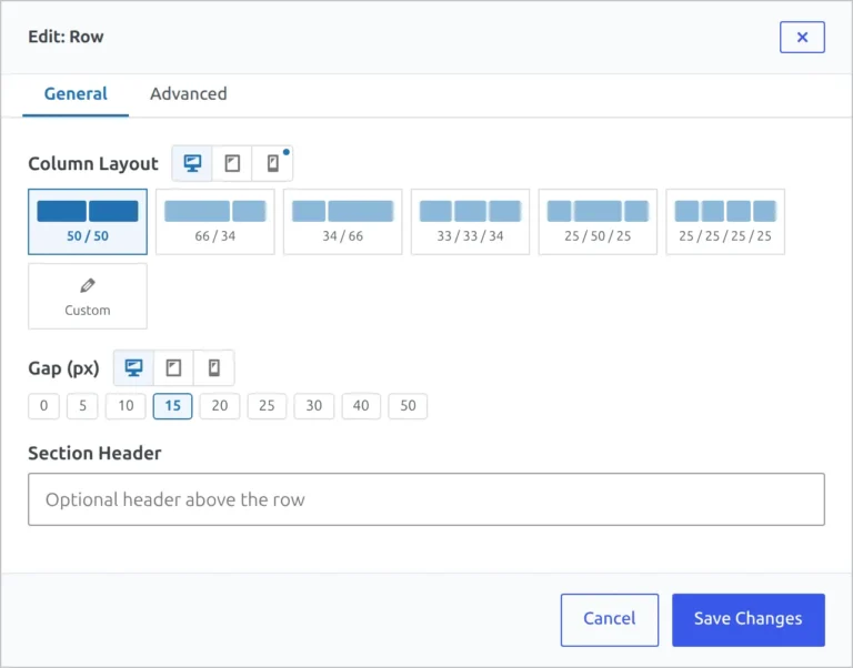The Edit: Row window: Column Layout presets with desktop, tablet and phone icons, the Custom option, Gap buttons from 0 to 50 and Section Header