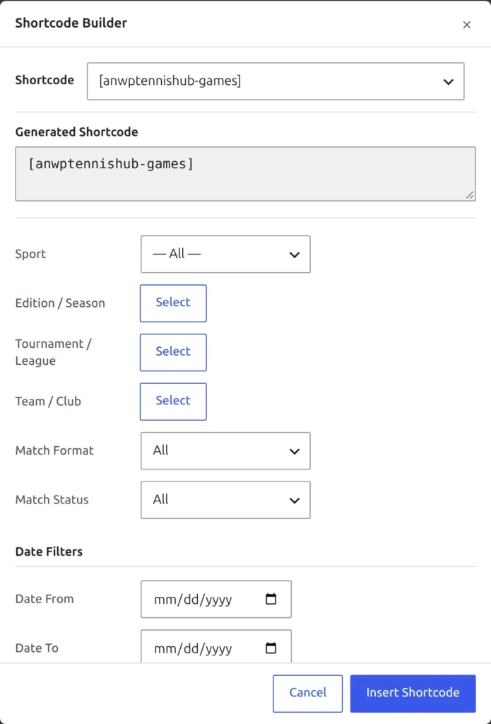 The Shortcode Builder dialog inside the Layout Builder, with an Insert Shortcode button at the bottom