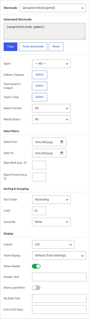 The Games options: Sport, Edition, Tournament and Team pickers, match format and status, date filters, sorting and display settings