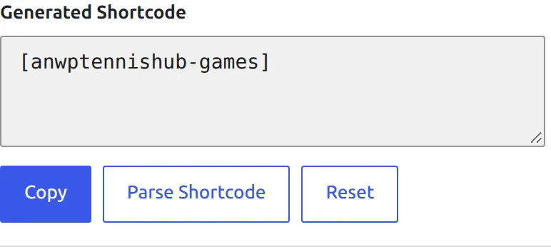 The Generated Shortcode box with the Copy, Parse Shortcode and Reset buttons under it