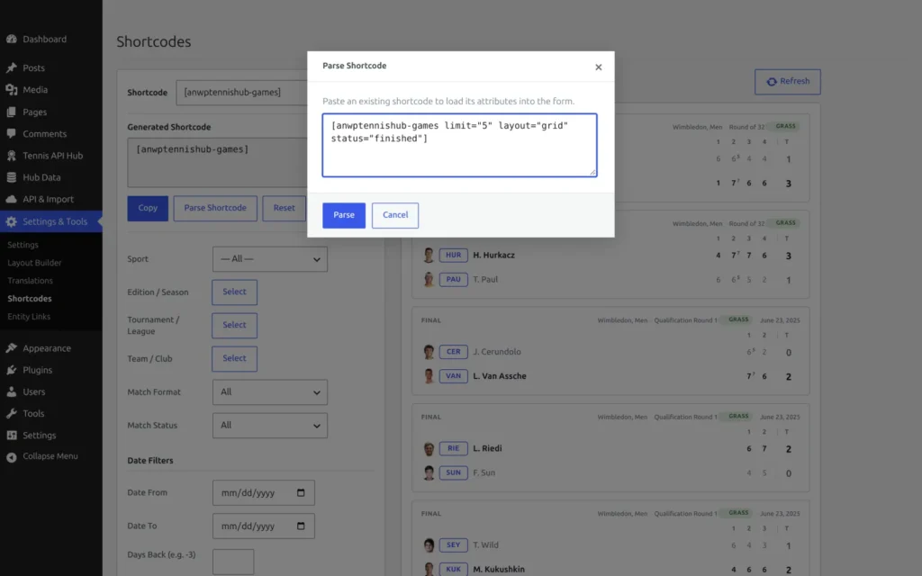 The Parse Shortcode dialog with an existing games shortcode pasted into it