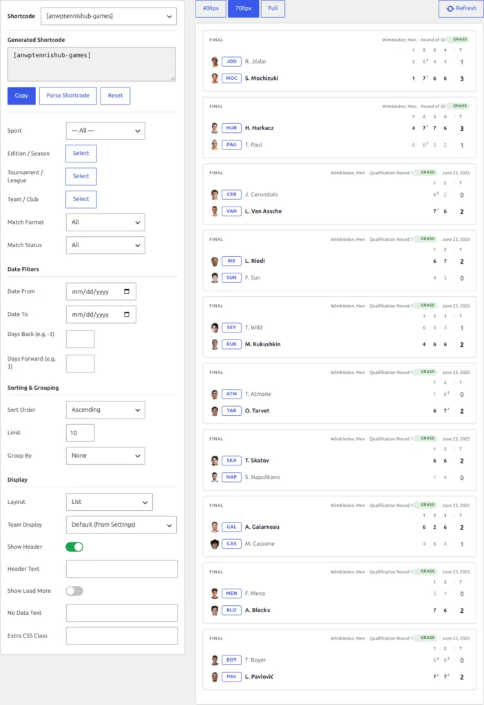 The Shortcodes page: the Games shortcode options on the left, and a live preview of the match list on the right